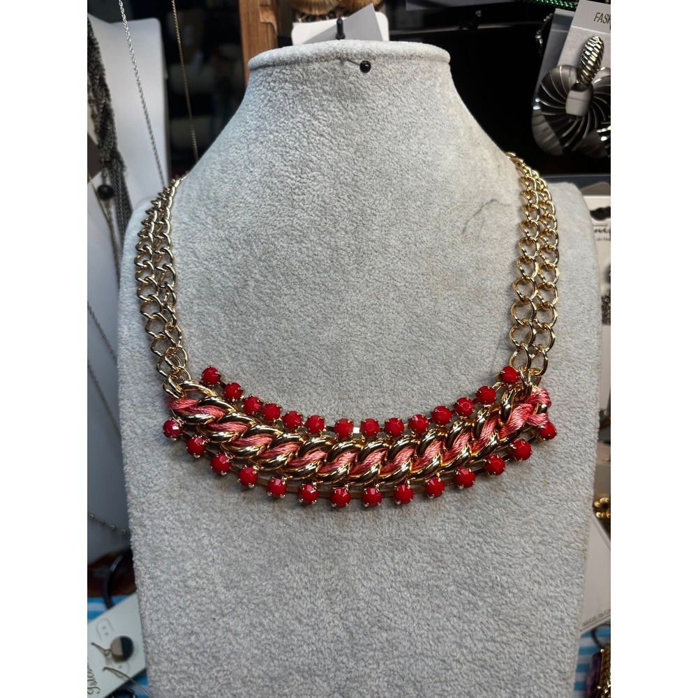 #60. Gold-Tone Beaded Multi-Strand Statement Necklace - Red & Pink Woven Detail